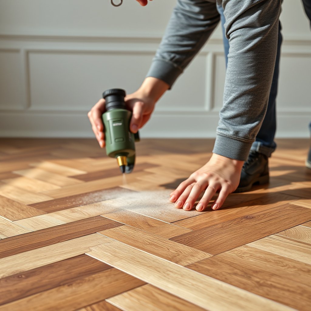 Image showing the process of sanding herringbone floors evenly while preserving their original look.