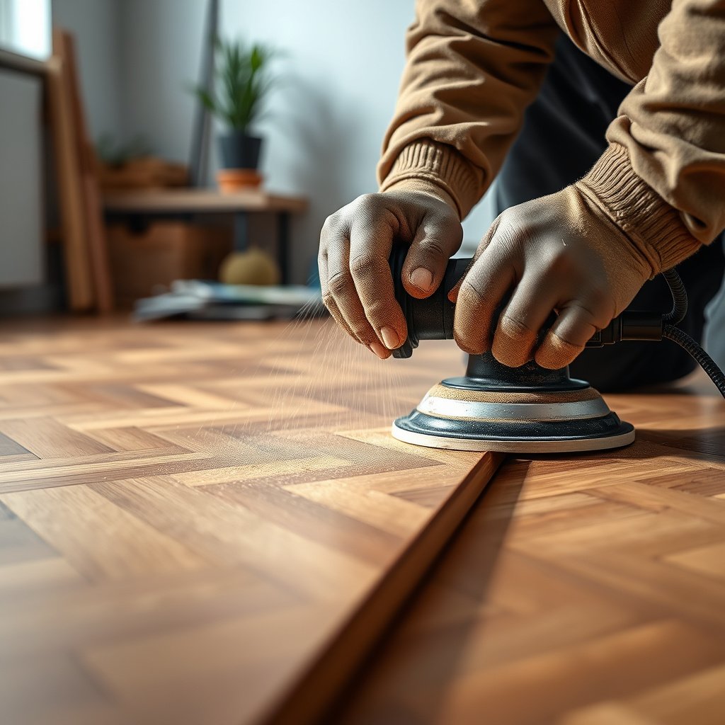 Worker sanding and stripping the worn surface of a parquet floor during restoration process