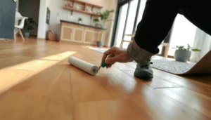 Step-by-step guide on sealing bamboo floors with tools and materials shown.