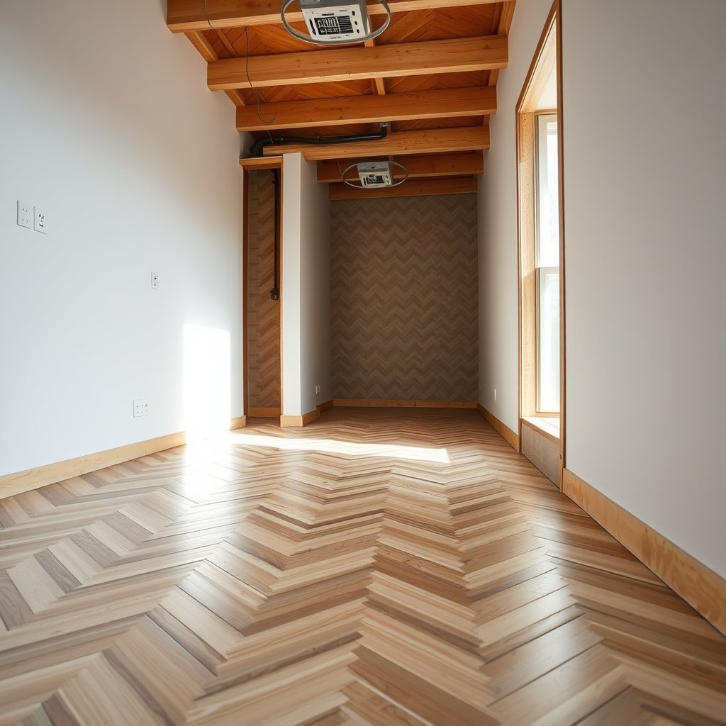 Tape and seal edges and penetrations for vapor barrier installation under chevron floors