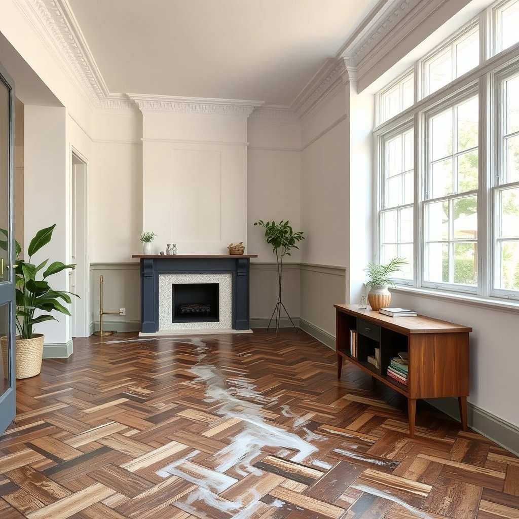 A professional applying sealant to herringbone floors to prevent water damage.