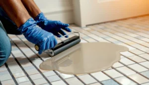 Step-by-step guide on sealing mosaic tile floors with tools and materials displayed.