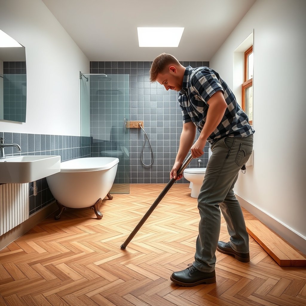 Applying sealant to parquet floors in a bathroom for protection and finish.