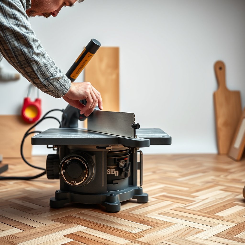 A saw set up for cutting herringbone floor angles accurately and consistently.
