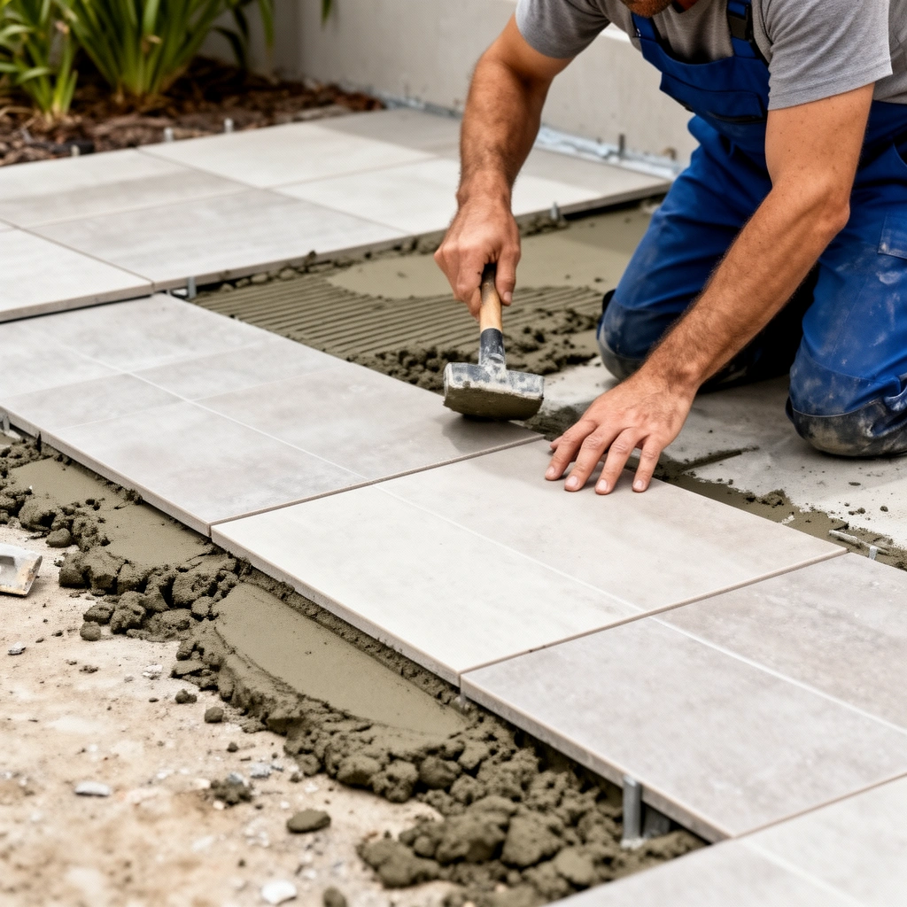 Installing exterior-rated tiles for outdoor bathroom flooring in a step-by-step process.