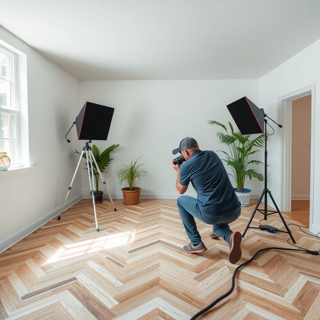 Safety setup for removing paint from chevron floors, protecting the floor pattern.