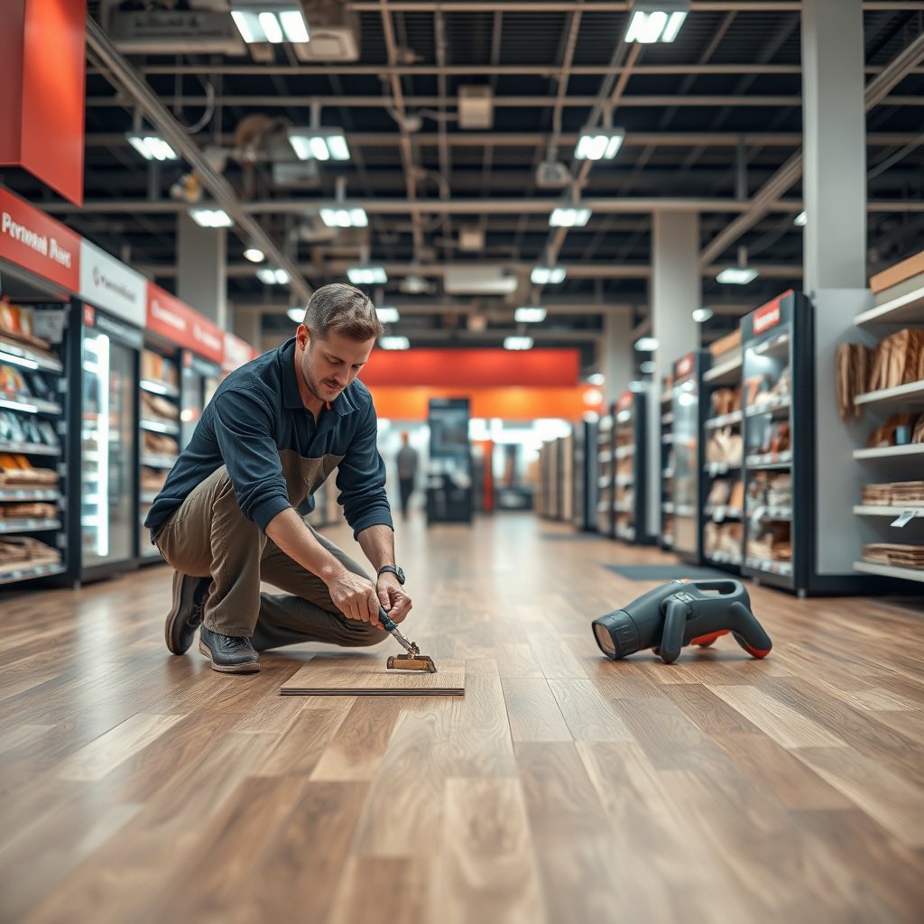 A professional conducting a site assessment for laminate flooring in a retail store to enhance traffic flow.