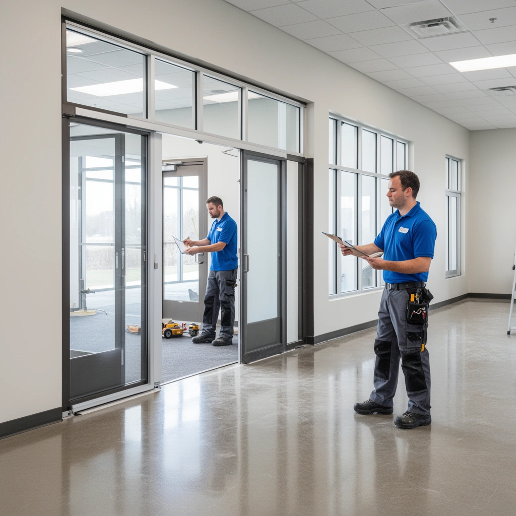 Checking door clearance and floor type before installation of commercial floors around doors.