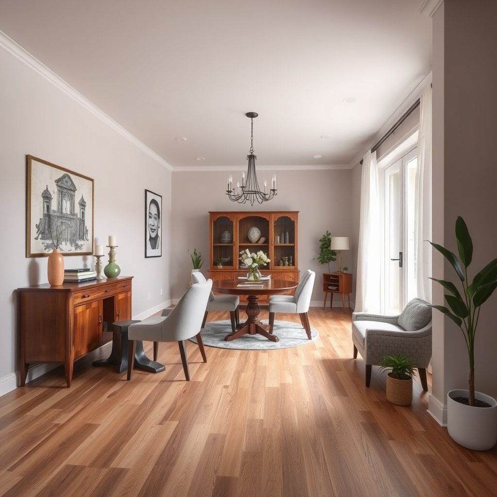 Demonstration of slip-resistant laminate flooring in a dining room setting for safety.