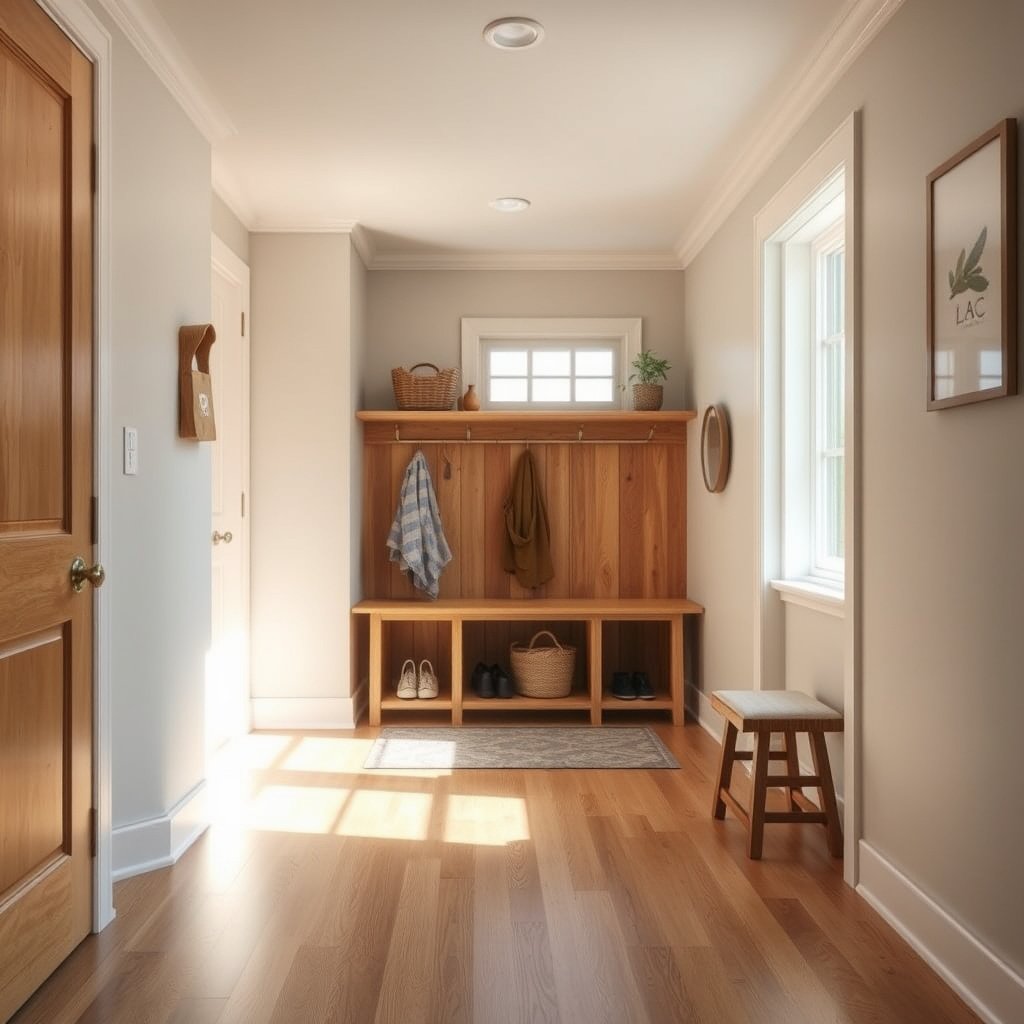 Slip-resistant mats placed at the entry of a mudroom for safety and traction.