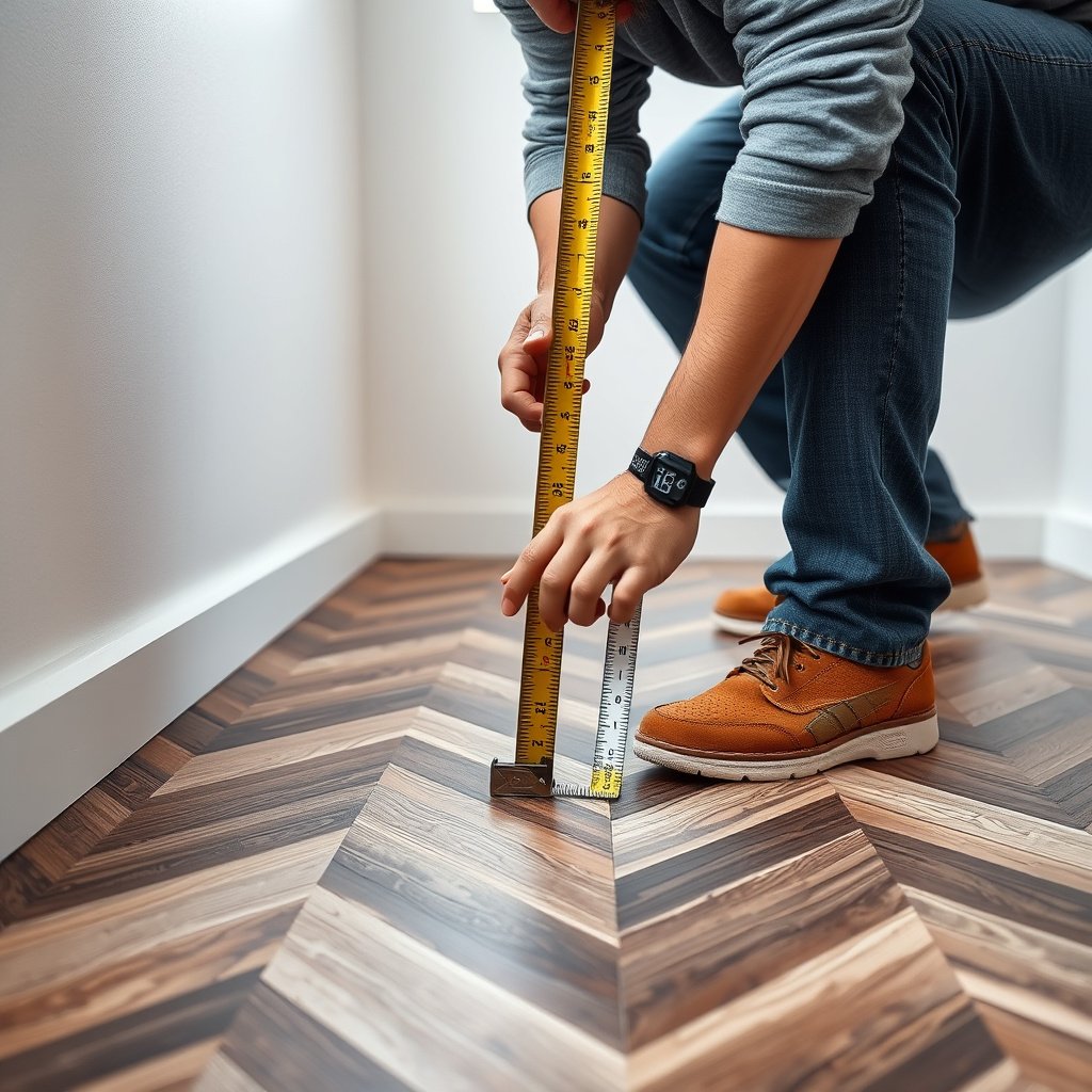 Measuring and snapping lines for chevron floor installation in a step-by-step guide.