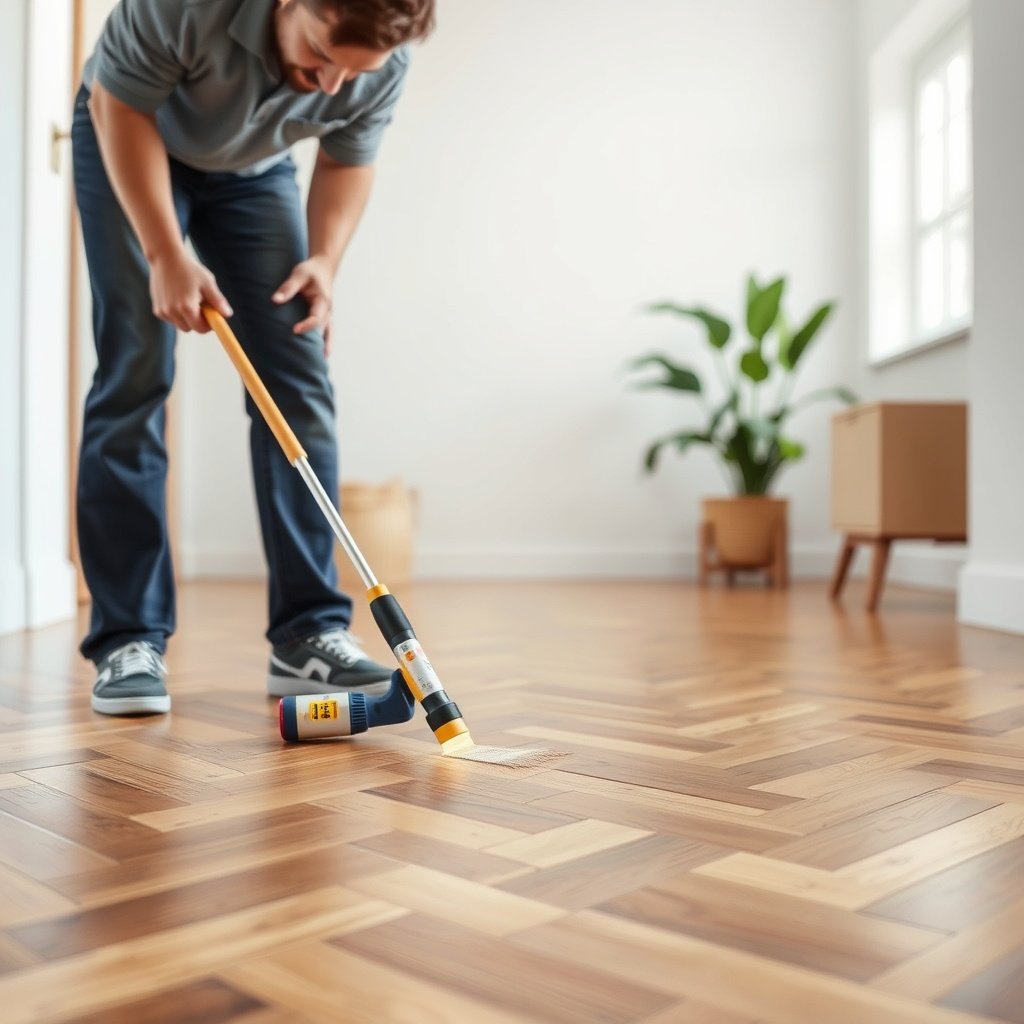 Using solvent to remove adhesive residue from chevron floors without damaging the finish.