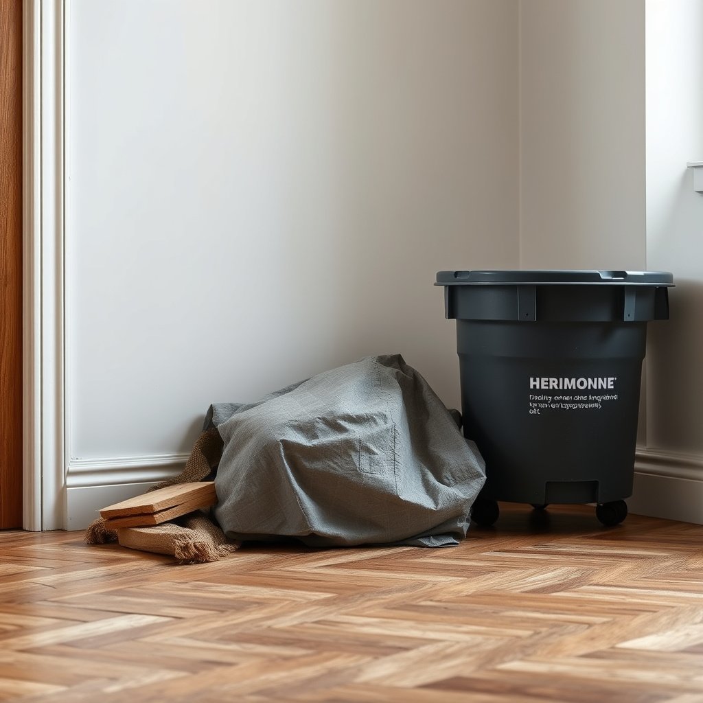 Image showing sorting of herringbone floor materials into reuse, recycle, and landfill categories.