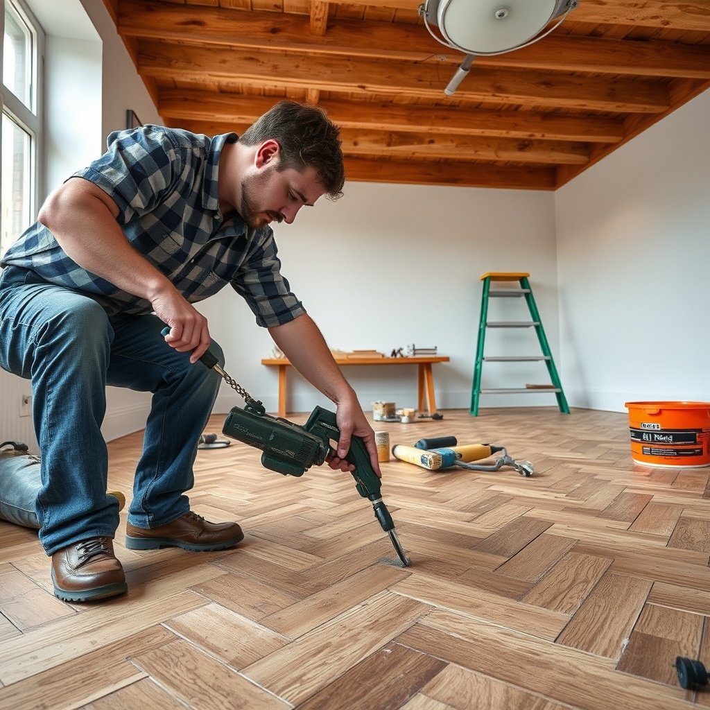 Image showing how to stabilize gaps and lifting boards in herringbone floors before filling cracks.