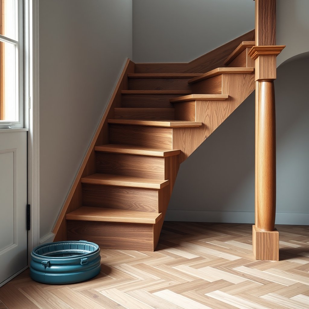 Image showing the process of building a stable substrate for parquet floors on stairs.