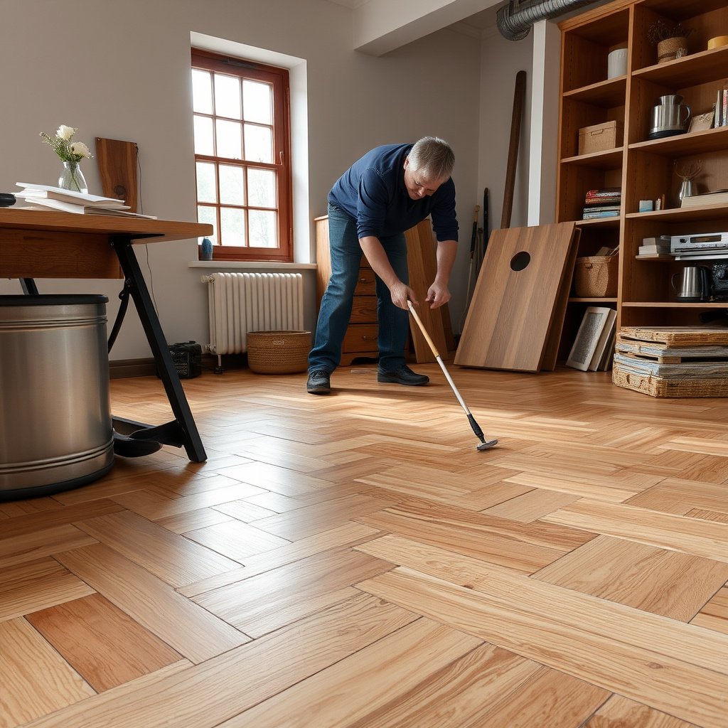 Applying stain and sealant on refinished herringbone floors with compatible products.