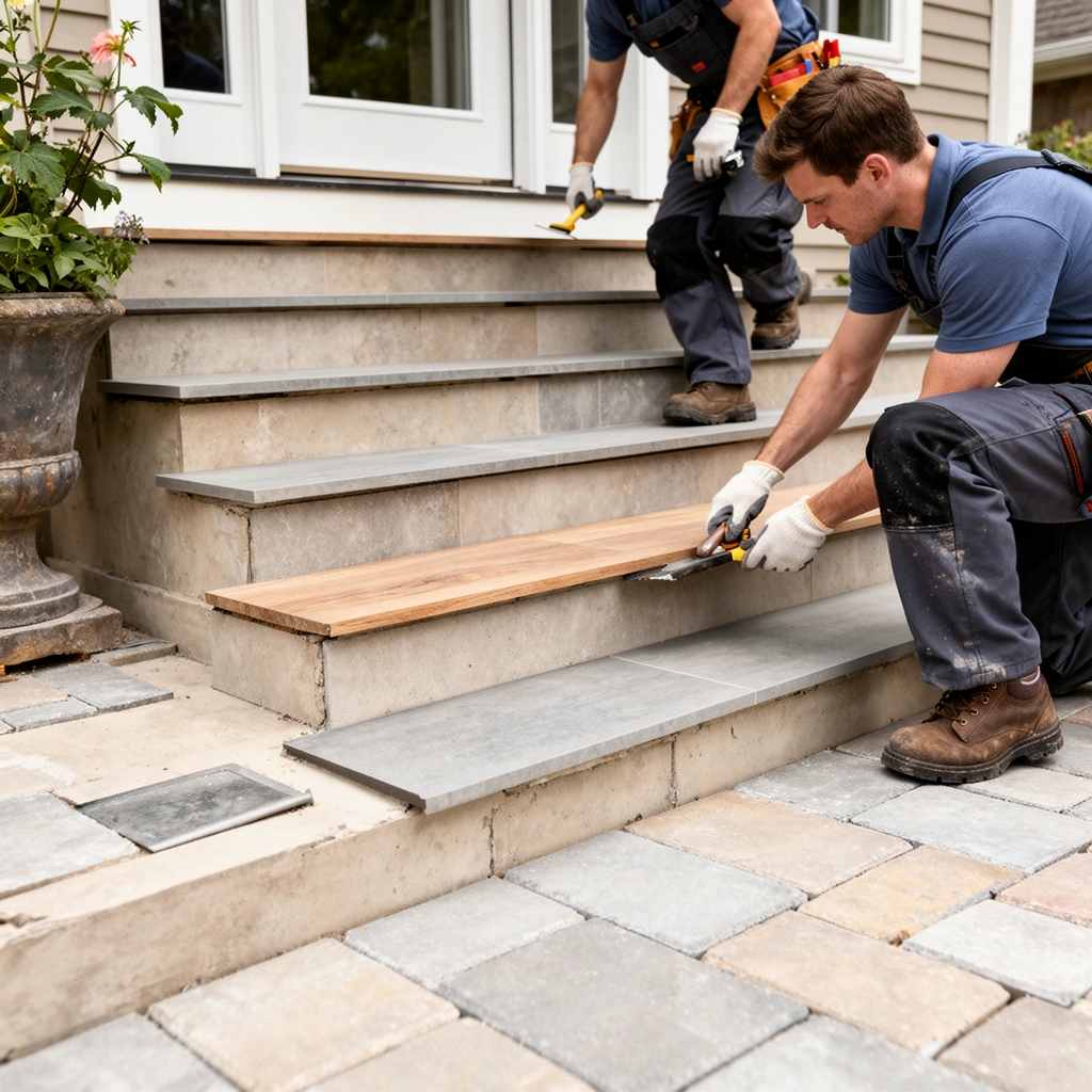 Illustration of planning stair layout and materials for patio floor installation