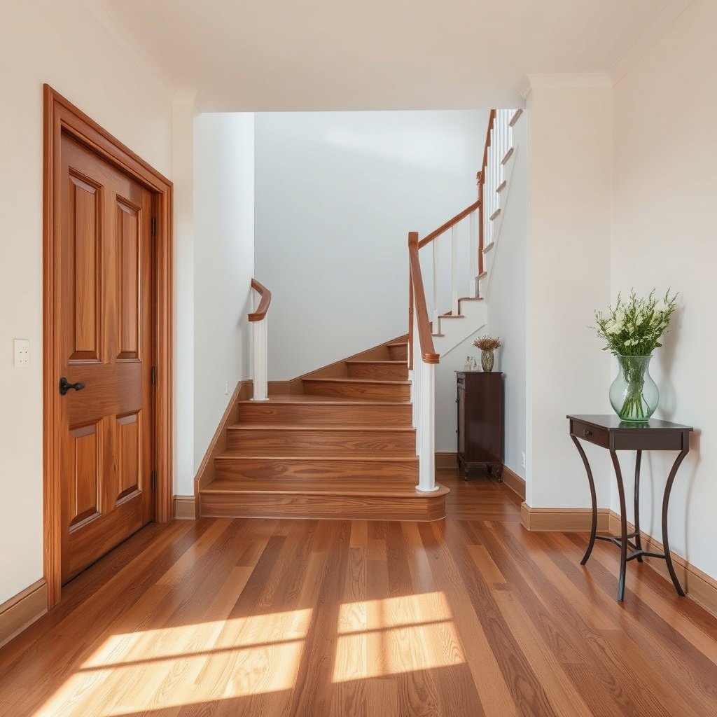 A staircase covered with a protective runner to safeguard hardwood floors from scratches and damage