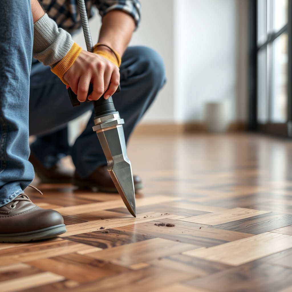 Detailed steps to replace a damaged section of chevron flooring during repair.
