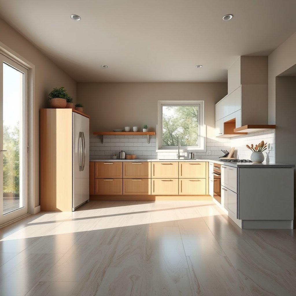A doormat preventing dirt and grit from entering a kitchen with vinyl floors, reducing scratches.