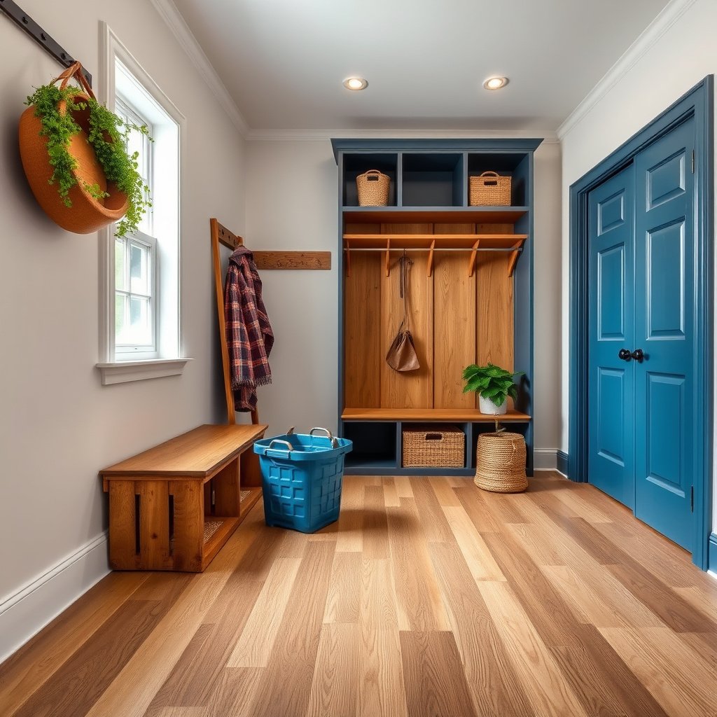 A mudroom entrance showing a mat to prevent grit and scratches on laminate floors.
