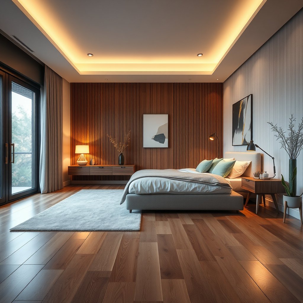 A clean doorway with a mat to prevent grit and dirt from scratching hardwood floors in a bedroom.