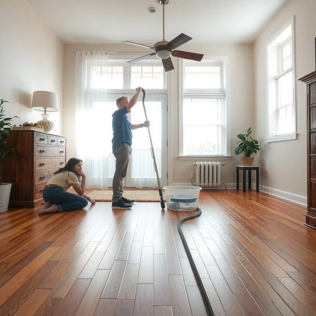 A person quickly stopping water flow to prevent damage on hardwood floors.