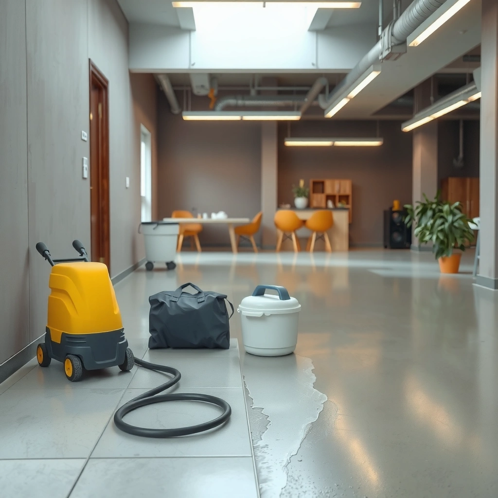 A person inspecting polished concrete floors for water damage in the first step of the repair process.