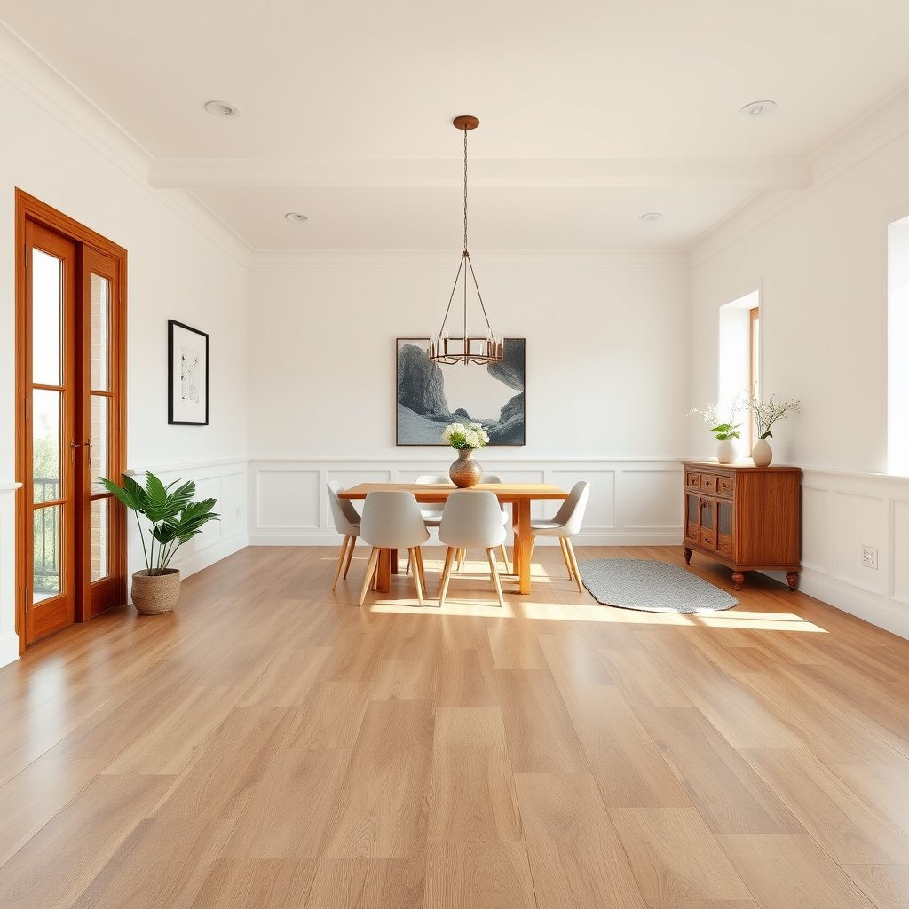 Various cleaning supplies needed for engineered wood floors in a dining room