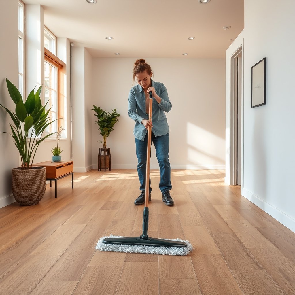 Gathering essential supplies for mopping wood-look tile floors safely.