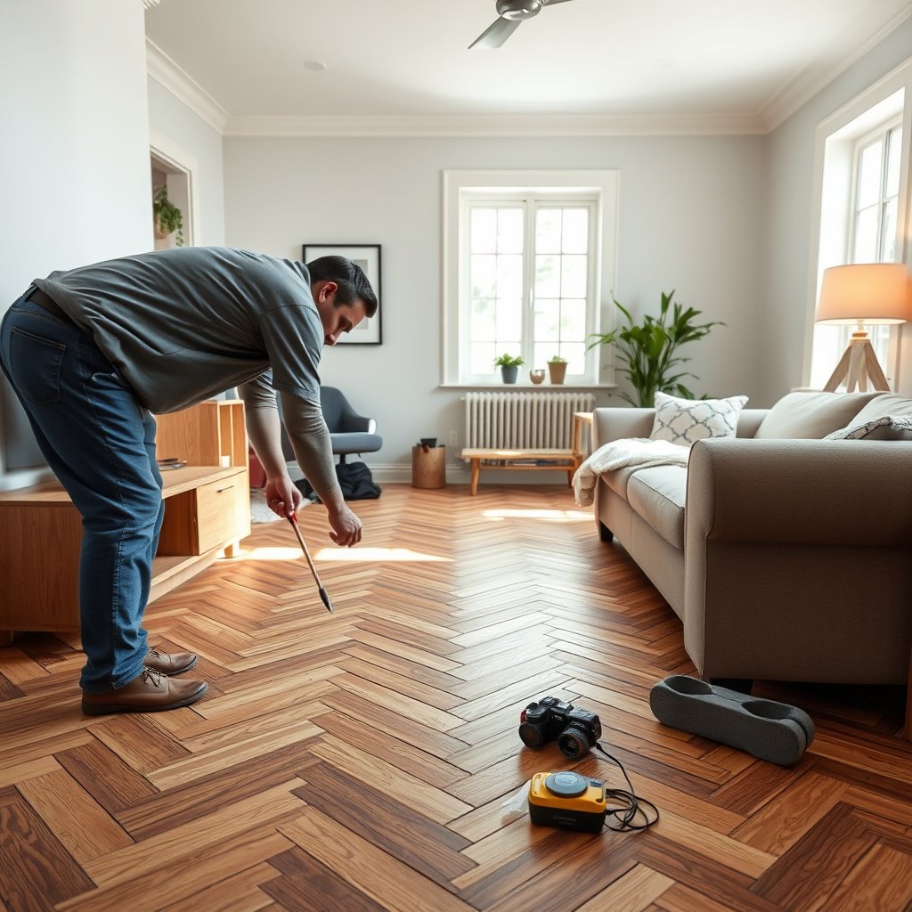 Preparing the surface by leveling, cleaning, and smoothing for herringbone flooring installation.
