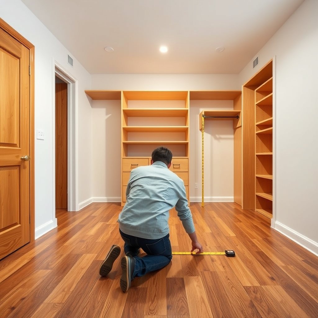 Illustration of homeowners learning how to measure hardwood floors for a closet.