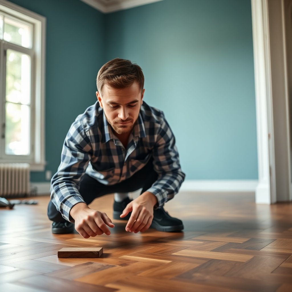 A person tightening loose parquet floor boards during a repair process to eliminate squeaks.