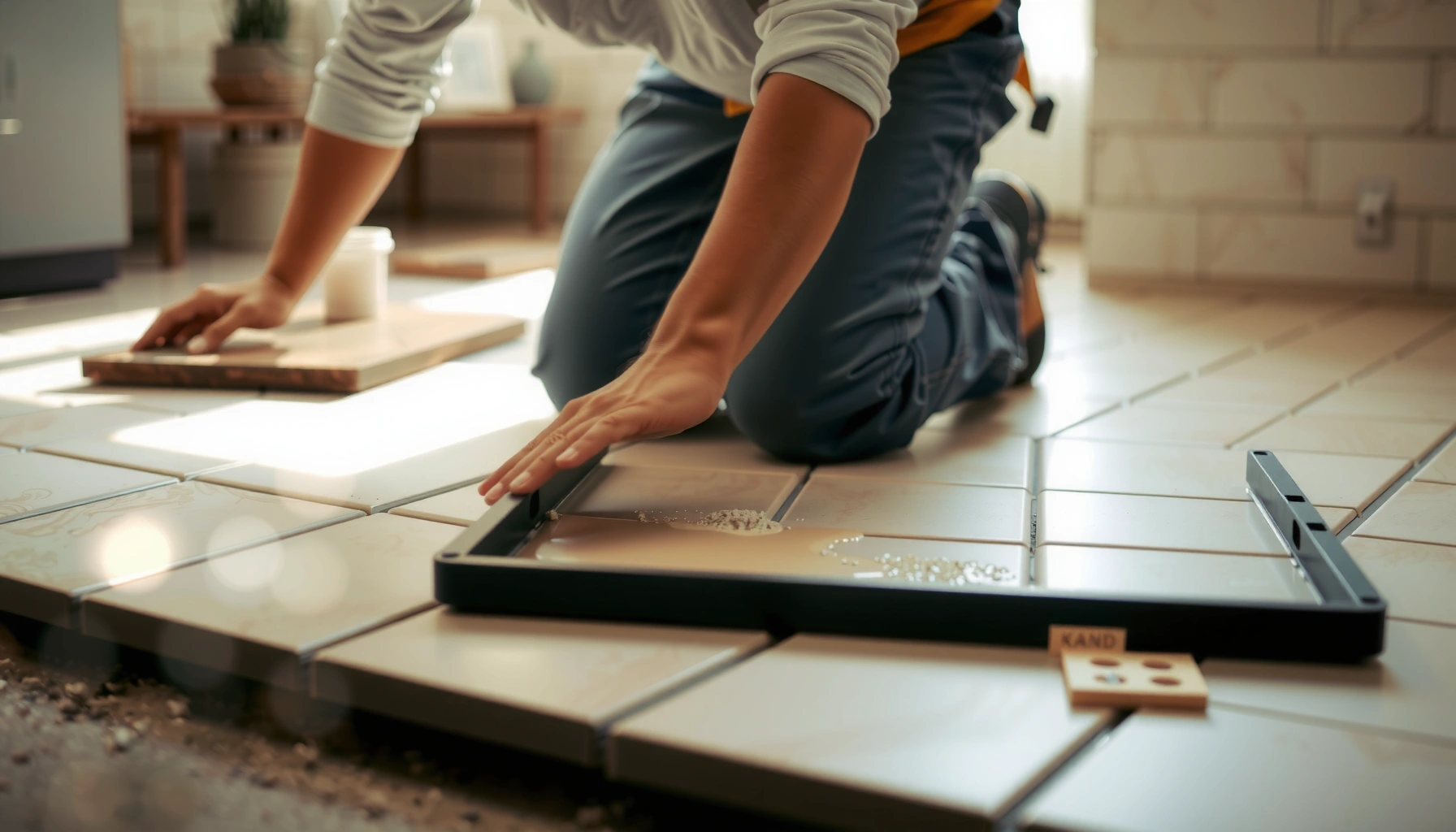 Step-by-step guide on how to install tile floors, showcasing essential tools and techniques.