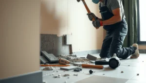 Step-by-step guide for removing tile floors, showcasing tools and techniques for effective removal.
