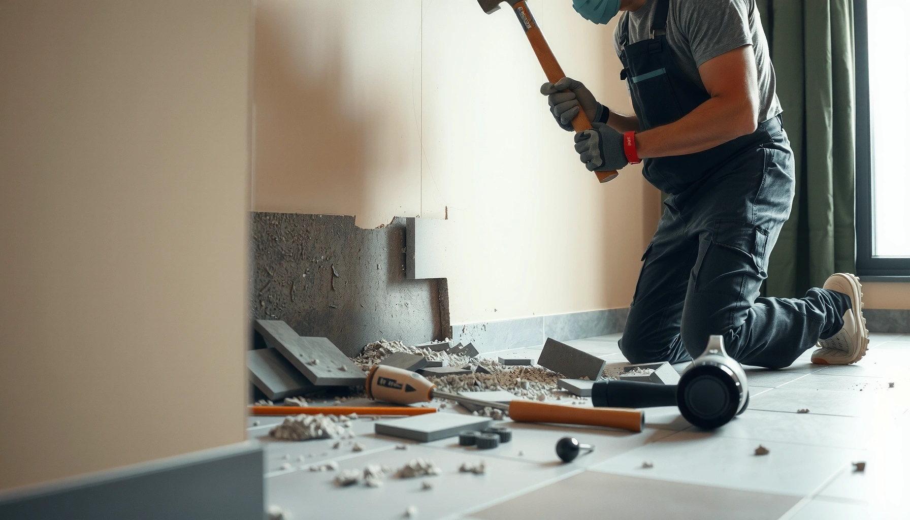 Step-by-step guide for removing tile floors, showcasing tools and techniques for effective removal.