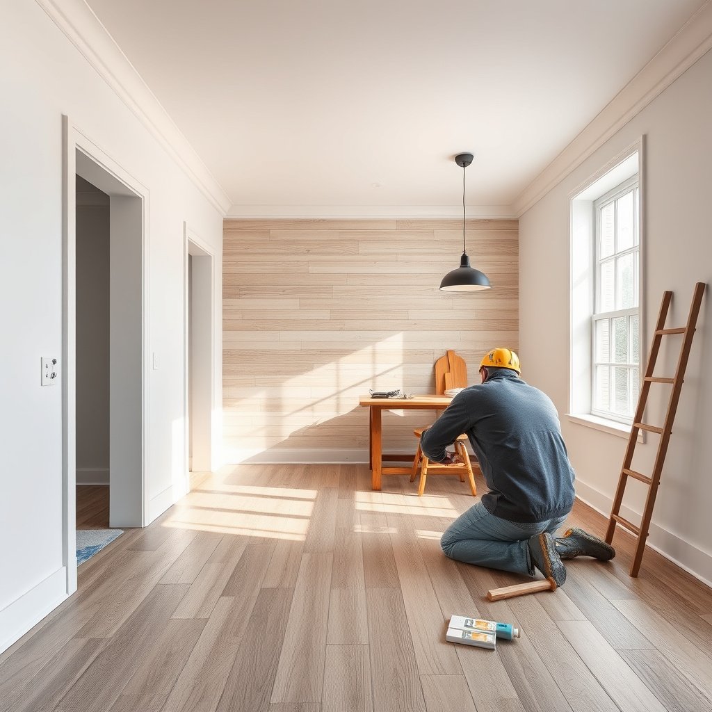 Tools and materials needed for trimming wood-look tile floors, including saw, adhesive, and safety gear.