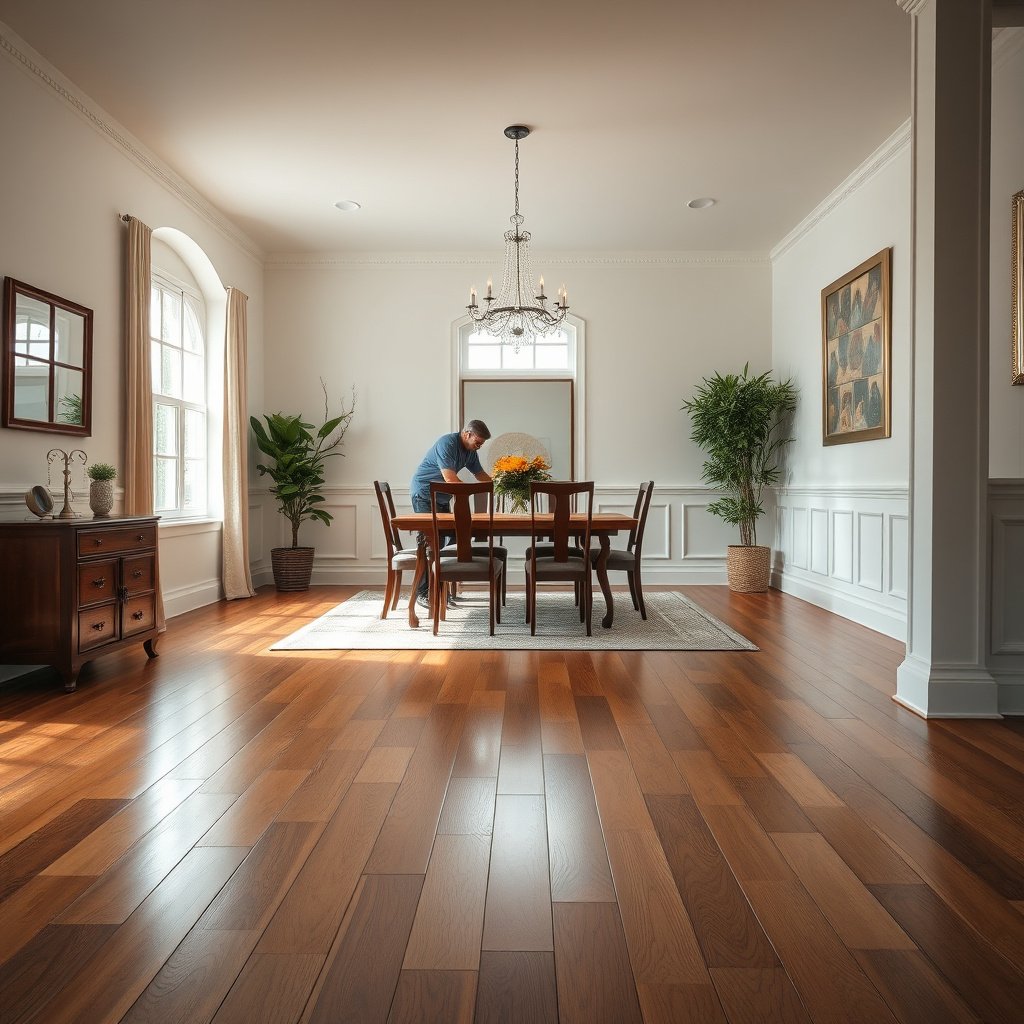 A collection of cleaning tools set up to clean hardwood floors in a dining room.
