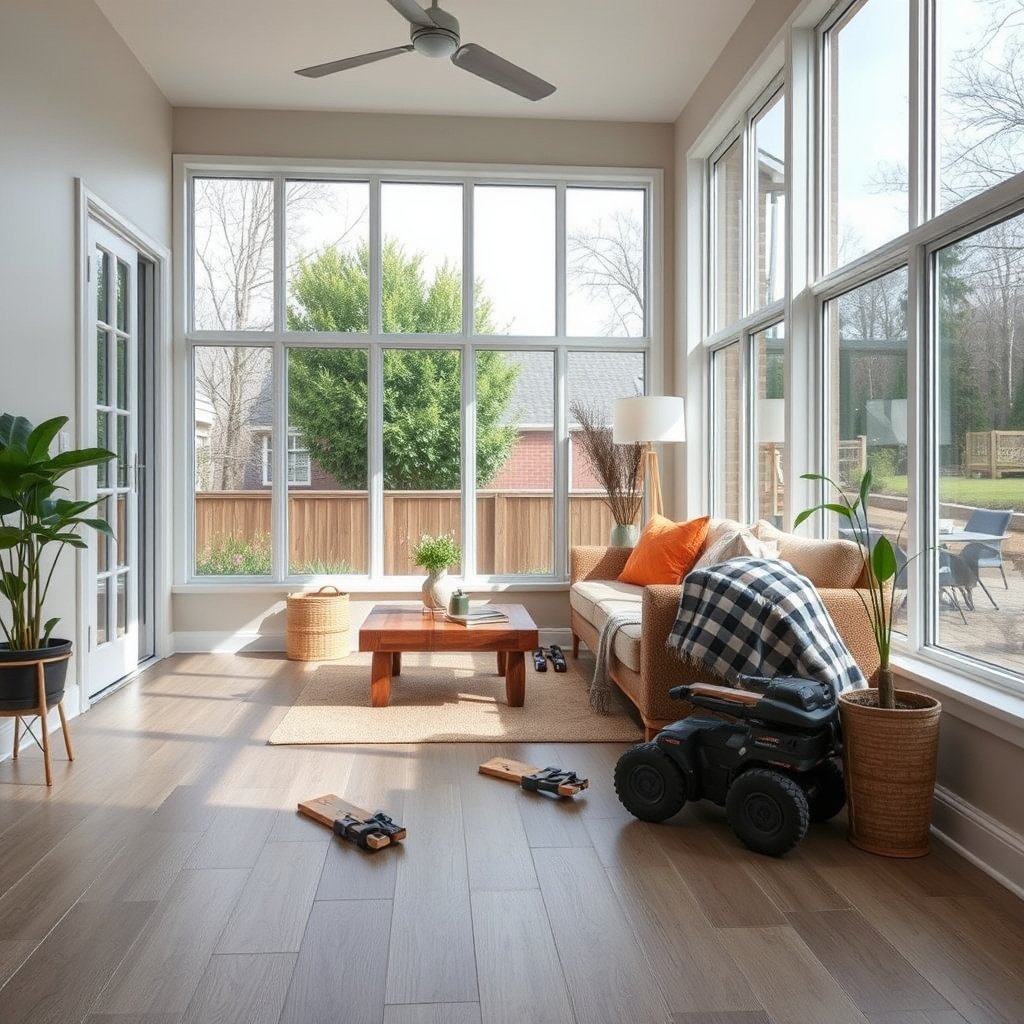 Essential tools and preparation items for removing vinyl floors in a sunroom