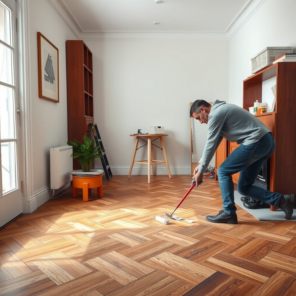 Step 4 in fixing discoloration on herringbone floors, showing treatment for water, tannin, and oxidation stains.