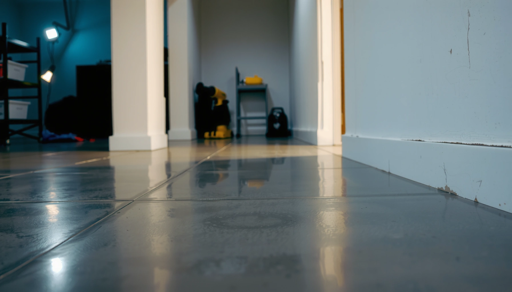 A person trimming basement floors to achieve clean, straight edges using a saw.