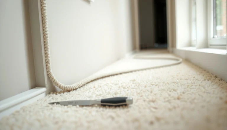 A person trimming carpet floors with a straight edge tool for clean, straight edges.