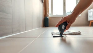 A person using a tile cutter to trim ceramic tile floors for a clean finish without cracking.