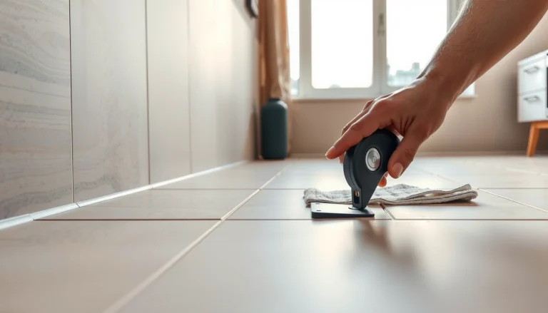 A person using a tile cutter to trim ceramic tile floors for a clean finish without cracking.