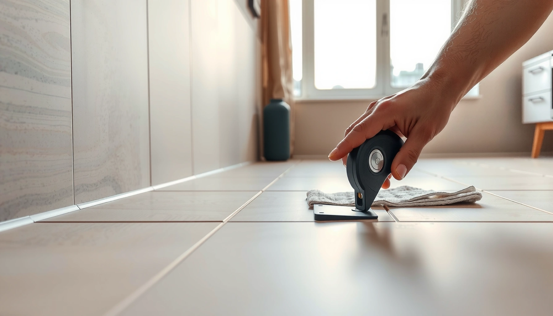 A person using a tile cutter to trim ceramic tile floors for a clean finish without cracking.
