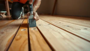 A person using a saw to trim hardwood floor edges for a clean finish in a home renovation project.