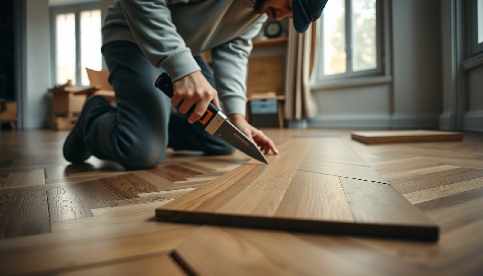 A professional demonstrating how to trim herringbone floors with precision tools for clean cuts.