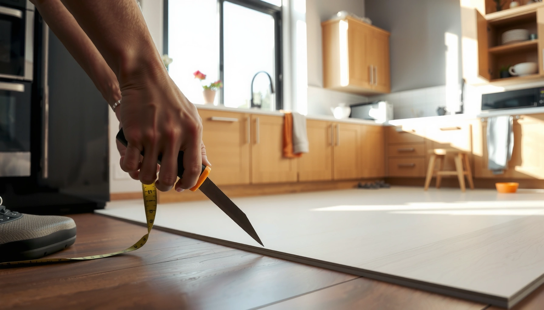 A person trimming kitchen floor edges for a clean and proper fit with tools and materials.