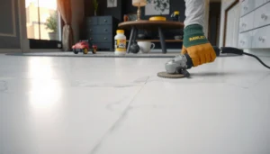 A professional trimming marble floors to achieve clean, safe edges without chipping.