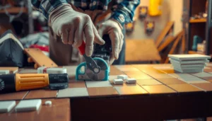 A person using a tile cutter to trim mosaic tile floors for a clean finish without cracking.
